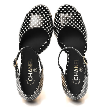 CHANEL Printed Calfskin Polka Dot CC Platform Sandals 37 Black White