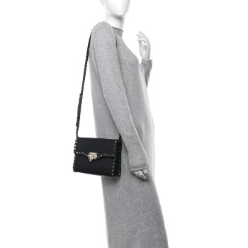 VALENTINO GARAVANI Pebbled Calfskin Medium Rockstud Flip Lock Crossbody Bag Black