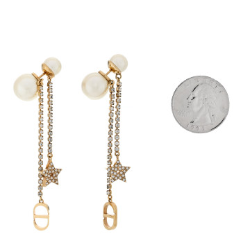 CHRISTIAN DIOR Pearl Crystal Star Tribale Dangle Chain Earrings Gold