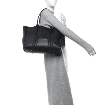 LANVIN Grained Calfskin Logo Small Fringe Shopper Tote Black