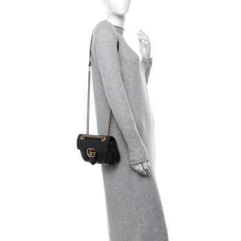 GUCCI Calfskin Matelasse Small GG Marmont Shoulder Bag Black
