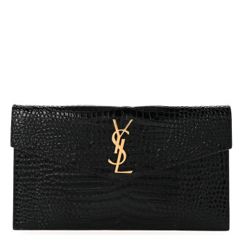 SAINT LAURENT Calfskin Crocodile Embossed Uptown Monogram Pouch Black
