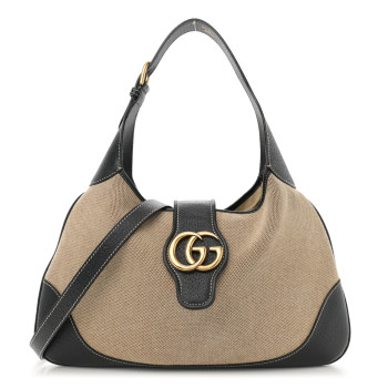 GUCCI Canvas Textured Dollar Calfskin Medium Aphrodite Shoulder Bag Beige Black