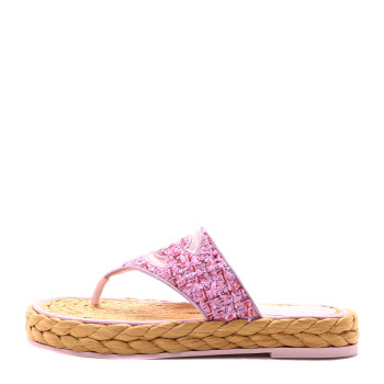 CHANEL Tweed Mesh Satin CC Thong Sandals 38.5 Light Purple Pink Red