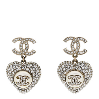 CHANEL Pearl Crystal CC Heart Drop Earrings Gold White