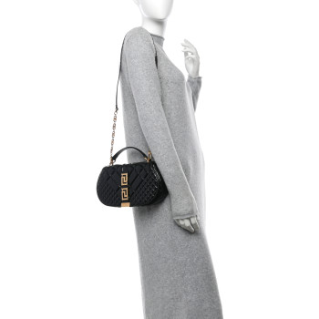VERSACE Calfskin Quilted Greca Goddess Shoulder Bag Black