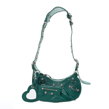 BALENCIAGA Extra Supple Calfskin Crystal Crocodile Embossed Le Cagole Shoulder Bag XS Jade