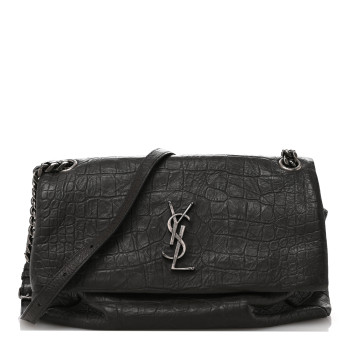 SAINT LAURENT Calfskin Crocodile Embossed Medium West Hollywood Monogram Fold-Over Grey