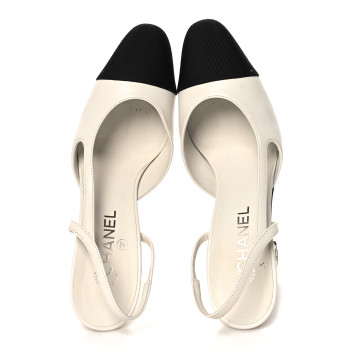 CHANEL Lambskin Grosgrain Cap Toe CC Slingback Pumps 39.5 White Black