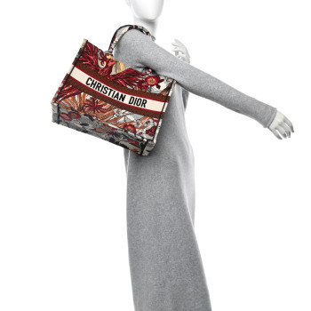 CHRISTIAN DIOR Canvas Embroidered Phoenix Medium Book Tote Red Multicolor