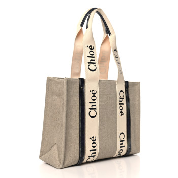 CHLOE Cotton Calfskin Medium Woody Ribbon Tote White Blue