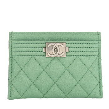 CHANEL Caviar Quilted Boy Card Holder Light Green