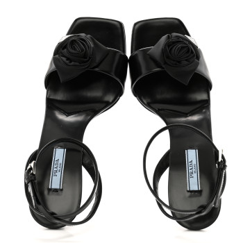 PRADA Vernice Nylon Flower Metal Triangle Logo Open Toe 65mm Sandals 38.5 Black