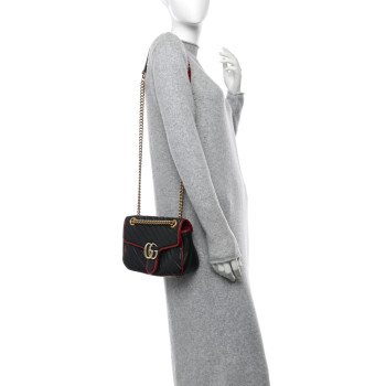 GUCCI Vintage Effect Calfskin Matelasse Diagonal Small Torchon GG Marmont Shoulder Bag Black Romantic Cherry