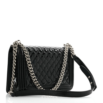 CHANEL Patent Calfskin Quilted New Medium Plexiglass Boy Flap Black