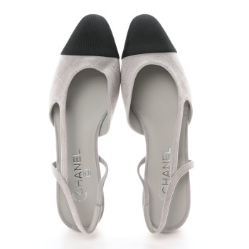 CHANEL Suede Crystal Grosgrain Cap Toe CC Slingback Flats 40 Gray Silver Black