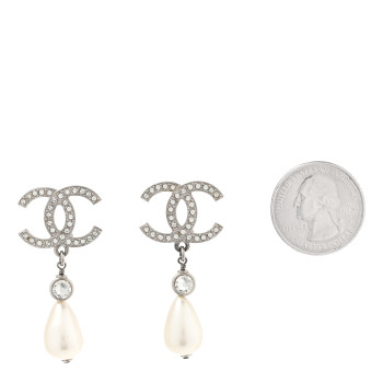 CHANEL Pearl Crystal CC Drop Earrings Silver Pearly White