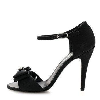 CHANEL Crepe Grosgrain Crystal Bow Open Toe Sandals 37 Black