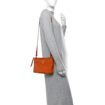 PRADA Vitello Phenix Double Zip Crossbody Bag Papaya
