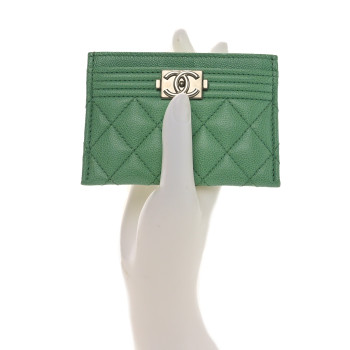 CHANEL Caviar Quilted Boy Card Holder Light Green