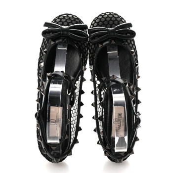 VALENTINO GARAVANI Mesh Calfskin Rockstud Multi Strap Ballerina Flats 35.5 Black
