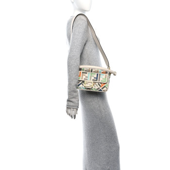 FENDI Canvas Vitello Seta FF Multicolor Embroidered Baguette Grezzo Multicolor Latte