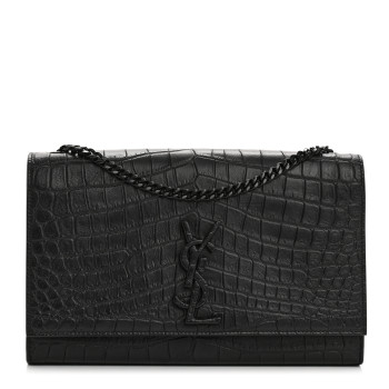 SAINT LAURENT Calfskin Crocodile Embossed Medium Classic Monogram Kate Satchel Black