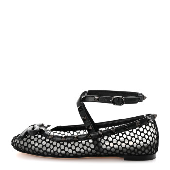 VALENTINO GARAVANI Mesh Calfskin Rockstud Multi Strap Ballerina Flats 35.5 Black