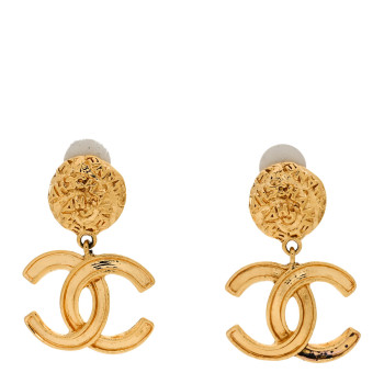 CHANEL Metal CC Logo Drop Clip On Earrings Gold