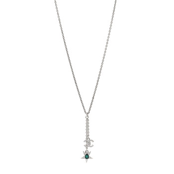 CHANEL Crystal CC Star Drop Necklace Silver Green