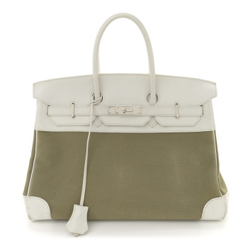 HERMES Swift Toile Birkin 35 White Vert Miliatire