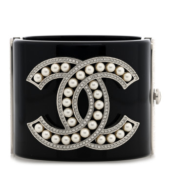 CHANEL Resin Pearl Crystal CC Cuff Bracelet Black Silver