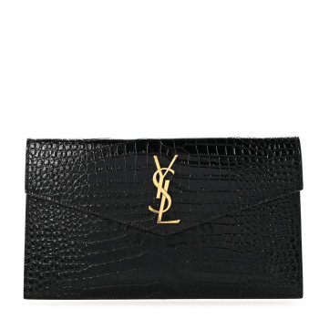SAINT LAURENT Calfskin Crocodile Embossed Uptown Monogram Pouch Black