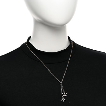 CHANEL Crystal CC Star Drop Necklace Silver Green