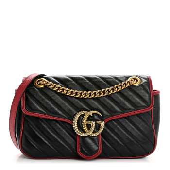 GUCCI Vintage Effect Calfskin Matelasse Diagonal Small Torchon GG Marmont Shoulder Bag Black Romantic Cherry