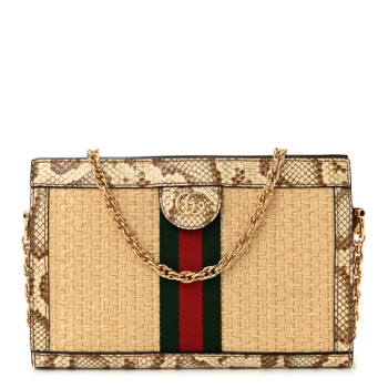 GUCCI Raffia Elaphe GG Small Ophidia Chain Shoulder Bag Natural Cream Brown