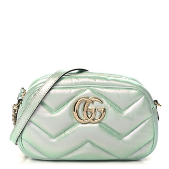 GUCCI Iridescent Nappa Chevron Matelasse Small GG Marmont Chain Shoulder Bag Iridescent Salvy Green