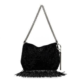 JIMMY CHOO Satin Bead Embellished Callie Fringe Tassel Chain Evening Bag Black