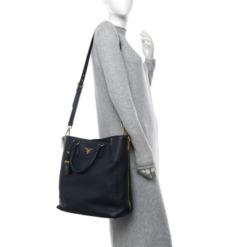 PRADA Vitello Daino Side Zip Tote Bleu