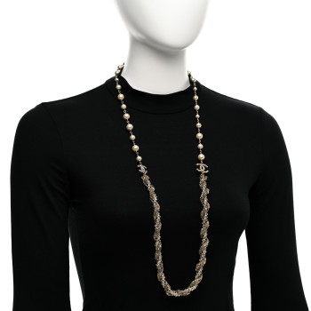 CHANEL Pearl Crystal CC Braided Chain Long Necklace Light Gold
