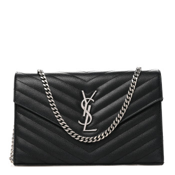 SAINT LAURENT Grain De Poudre Matelasse Chevron Monogram Chain Wallet Black