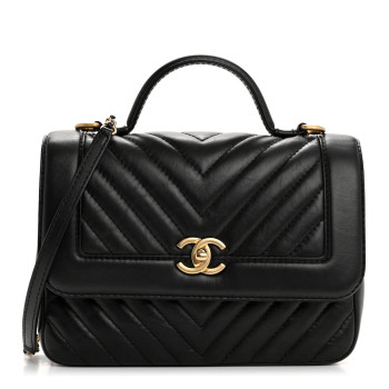 CHANEL Calfskin Chevron Quilted Top Handle Flap Black