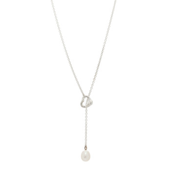 TIFFANY Sterling Silver Cultured Pearl 7.5-8mm Elsa Peretti Open Heart Lariat Necklace