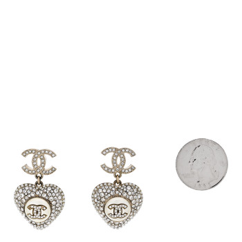 CHANEL Pearl Crystal CC Heart Drop Earrings Gold White