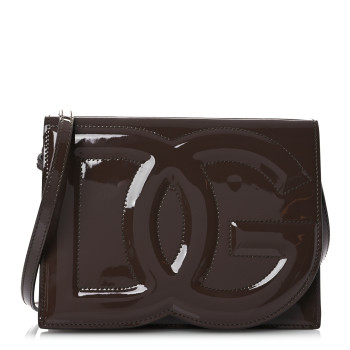 DOLCE & GABBANA Patent DG Logo Flap Crossbody Bag Fango Brown