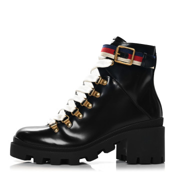 GUCCI Calfskin Sylvie Web Lace Up Combat Boots 35 Black