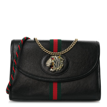 GUCCI Textured Calfskin Web Small Rajah Slim Flap Shoulder Bag Black