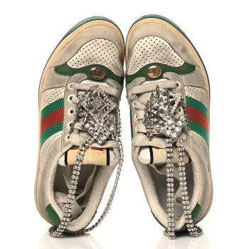 GUCCI Nubuck Calfskin Web Removable Crystals Womens Screener Sneakers 36 Dusty Milk New Mystic White