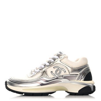 CHANEL Fabric Laminated Calfskin Stretch CC Sneakers 37 White Silver