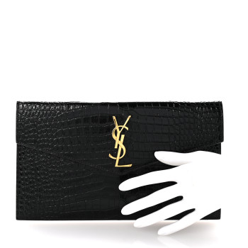 SAINT LAURENT Calfskin Crocodile Embossed Uptown Monogram Pouch Black